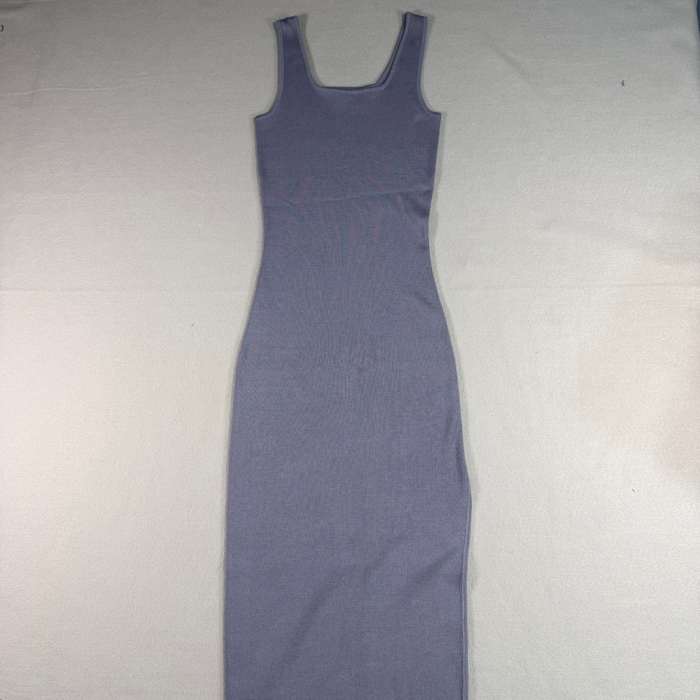 Miou Muse Knit Midi Dress S Blue Ribbed Square Neck Side Slit Minimalist Bodycon